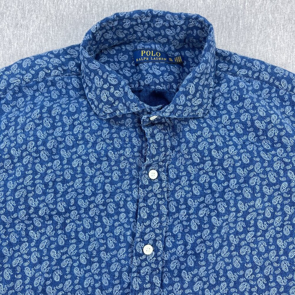 Polo Ralph Lauren Paisley Shirt Mens XL Blue 100% Linen Button-Up Spread Collar